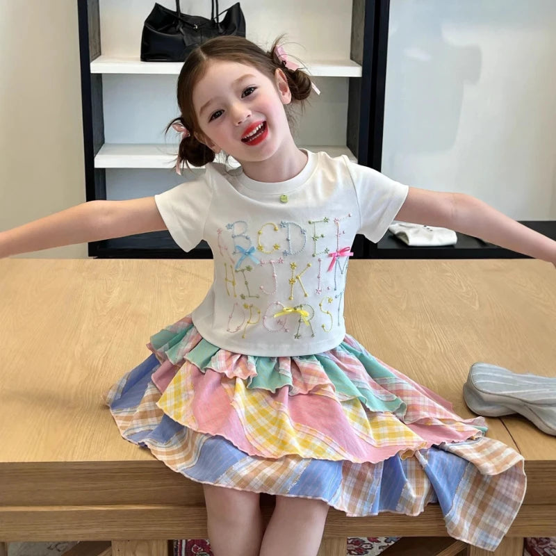 Sweet Two-piece Set for Girls 2026 Summer New Design Multi-color Striped T-shirt and Irregular Skirt
