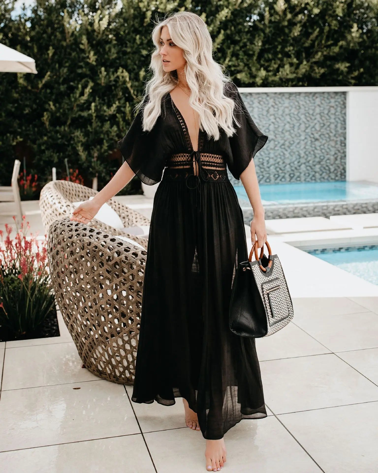 TEELYNN Sexy Deep V neck White Lace Dresses Women Robe Kimno Kaftan 2023 Vintage Summer Bikini Cover Up Boho Beach Wear Vestidos