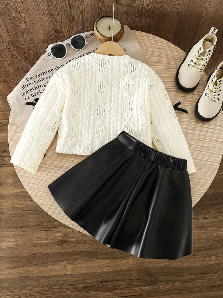 2-Piece Set: Girls' White Bow-Knot Hollow-Out Long-Sleeve Top + Black Pu Leather Skirt Set, Sweet and Cute Fashionable Skirt Set for Girls, Young Lady Style Knitted Top and Short Skirt Two-Piece Set, Casual Spring and Autumn