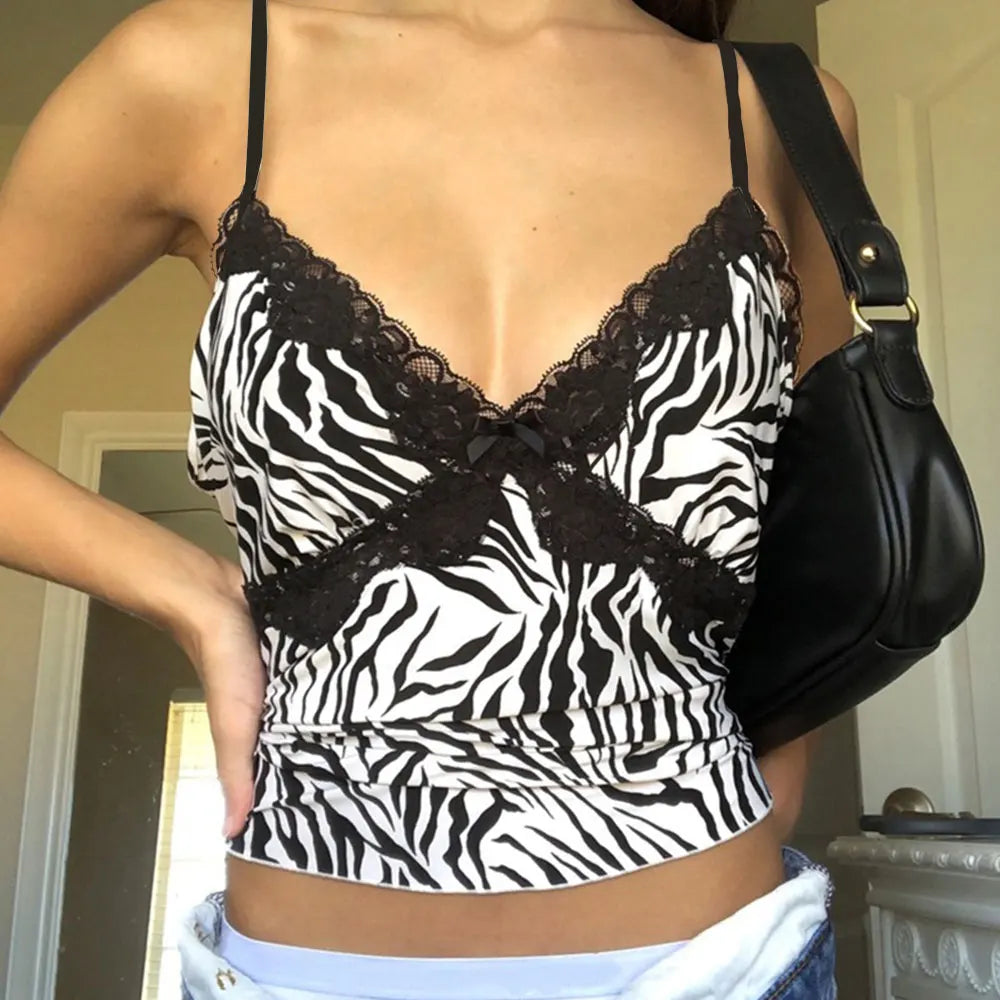 Casual Y2k Lace Zebra Stripes Women T Shirt Sleeveless Slim Sexy Sling Clothing 2023 Summer Fashion Crop Top Goth Punk Camisetas