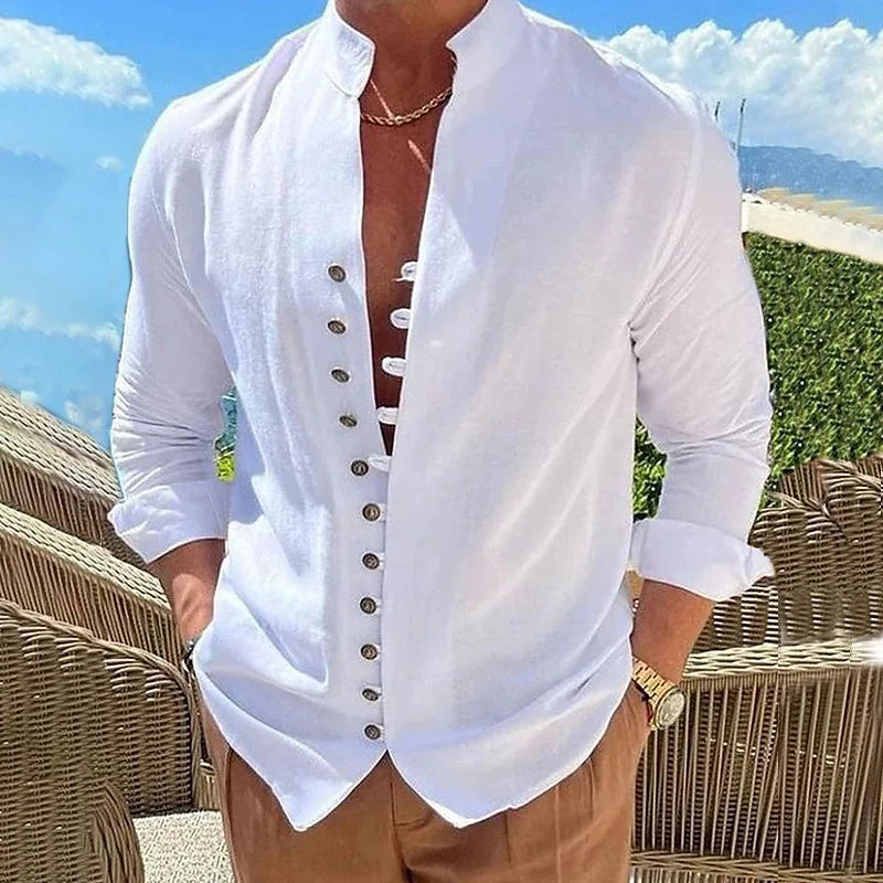 New Men's Vintage Casual Shirts 2025 Linen Long Sleeve Street Wear Lapel Button Solid Color Shirt For Men Vacation Blouse Top