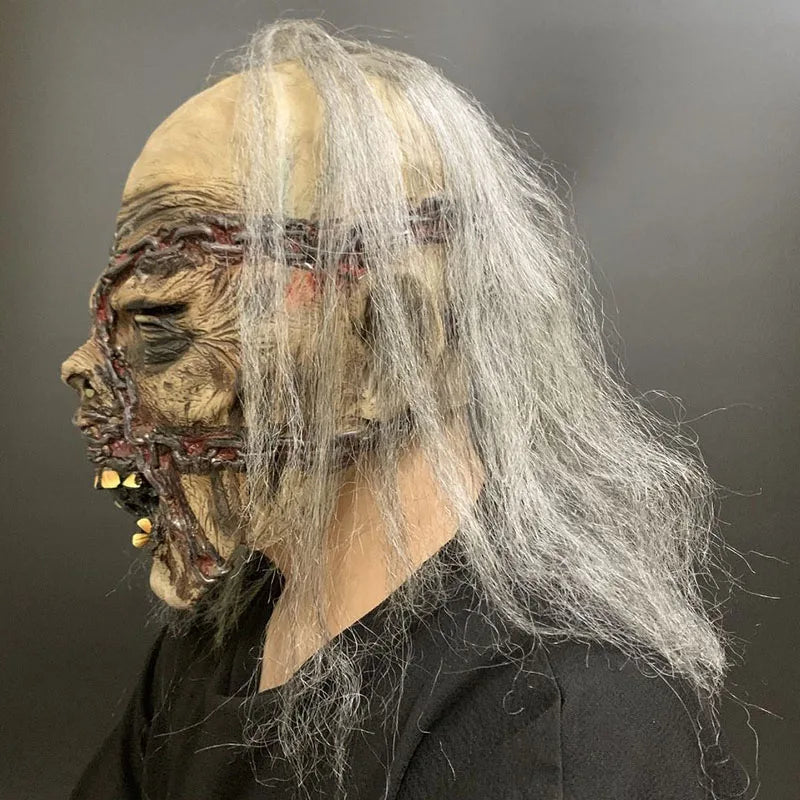 Scary Zombie Latex Mask with Chains & Hair Realistic Horror Corpse Mask Adult Unisex Halloween Cosplay Costume Props for Masquer
