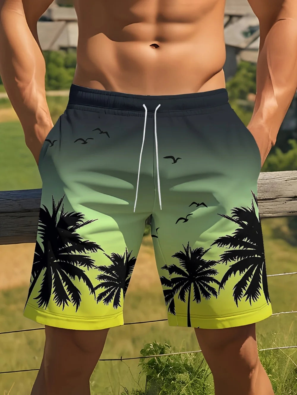 Retro Coconut Tree 3D Printed Men's Shorts Hawaiian Quick-Dry Gradient Short Pants Swim Trunks Loose Shorts Summer Man Clothing
