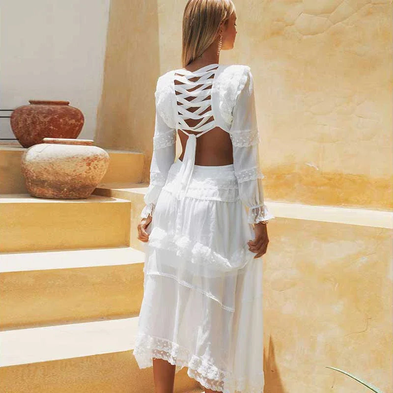 Super Chic White Sexy hollow out dress women backless lace up embroidery party dress dress summer beach holiday dresses