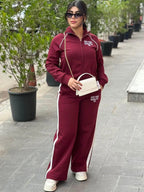 HH Women's Pant 2-Piece Set Female Fashion Versatile Printed Velvet Zip Jacket+Commuting Elastic Waist Belted Casual Pants