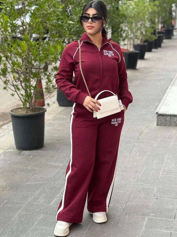 HH Women's Pant 2-Piece Set Female Fashion Versatile Printed Velvet Zip Jacket+Commuting Elastic Waist Belted Casual Pants