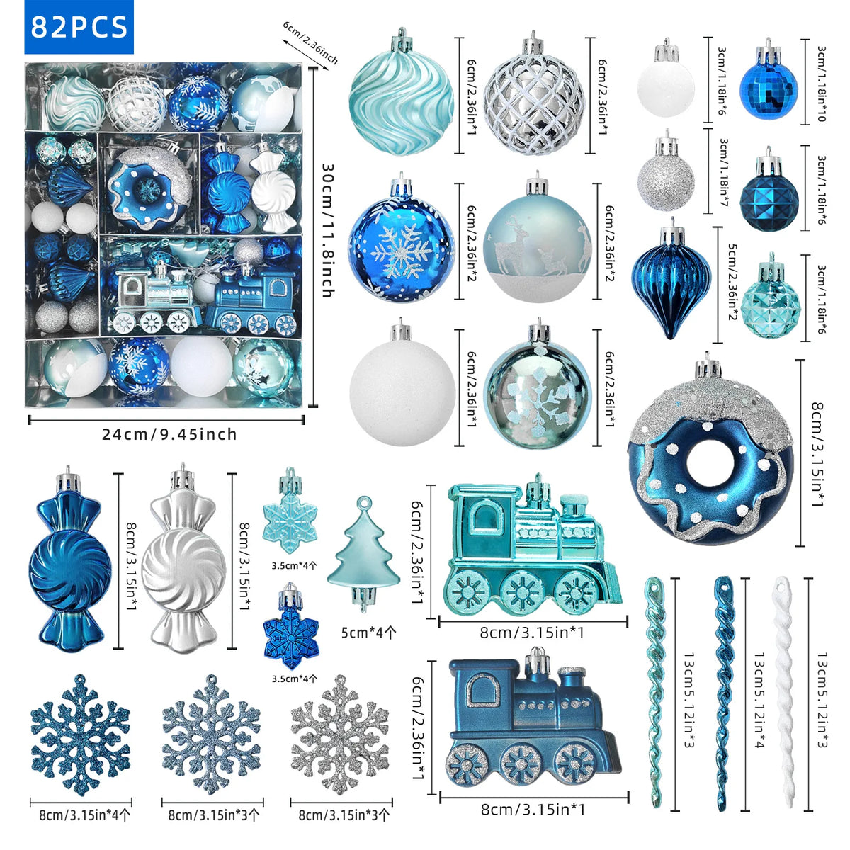 82PCS Assorted Christmas Ornaments Set Large Christmas Tree Decorations 3–8CM Christmas Balls Assorted Xmas Ornaments Decor Set