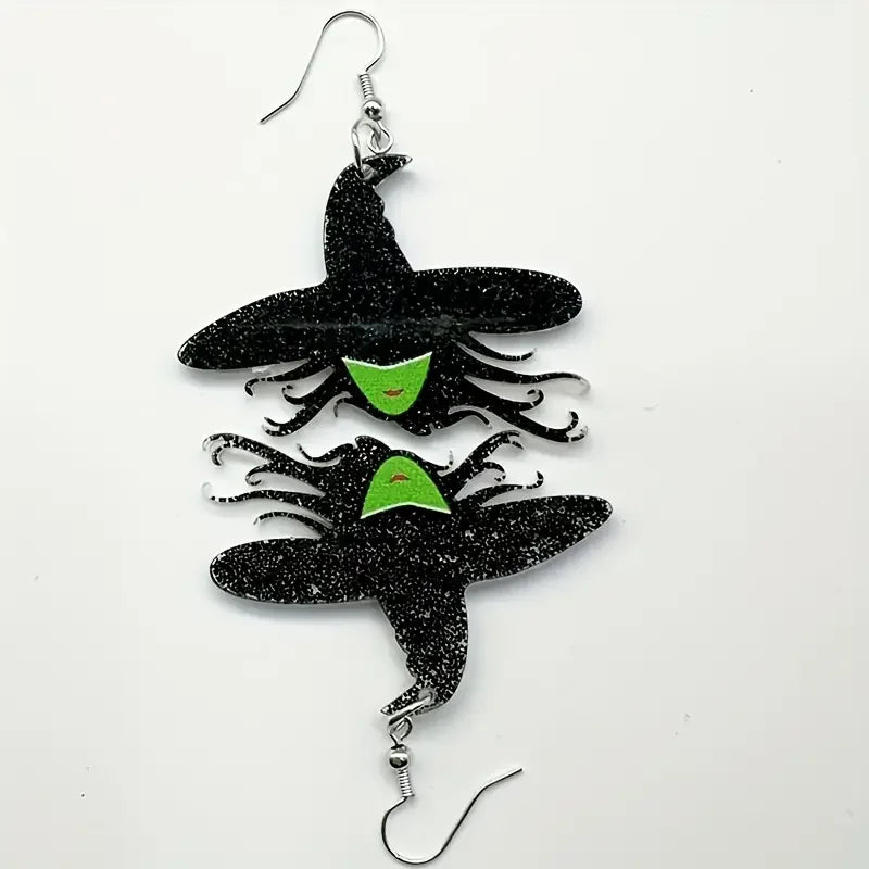 1 Pair of Witch Hat Earrings - Black with Sparkling Stars & Green Accents, Perfect for Halloween & Daily Wear