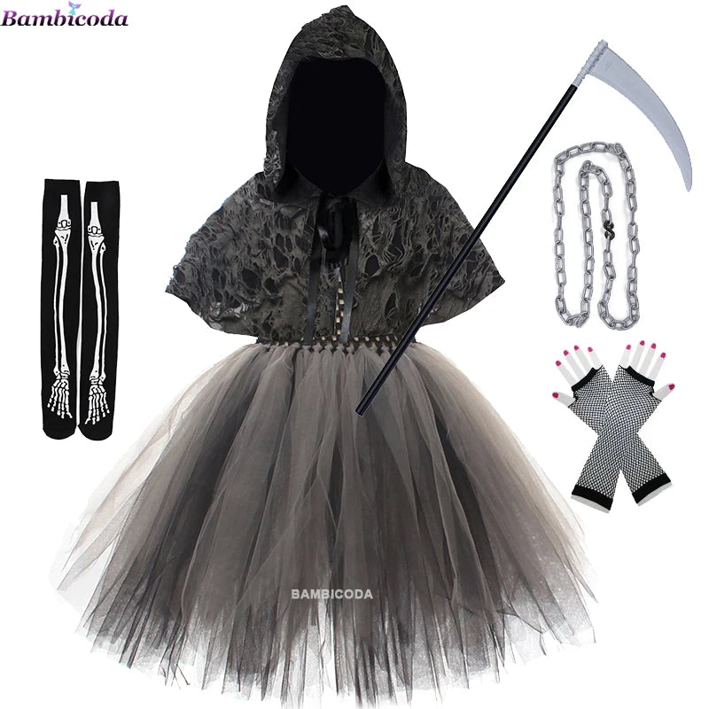 2025 Girls Demon Horror Death Halloween Costume Cosplay Fancy Dress Party Medieval Hooded Cloak Clothing Party Grim Clothes ﻿