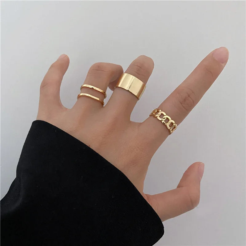 Punk Simple Gold Color Ring Set Women's Geometric Hollw Out Wide 3Pcs/Set Vintage Joint Finger Rings Jewelry Aesthetic 2022Trend