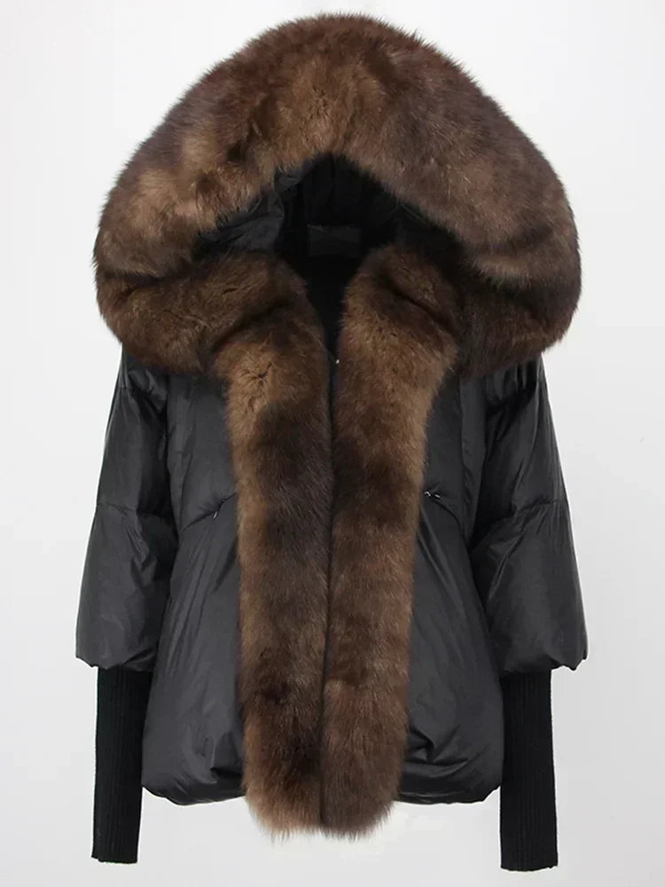 2024 Winter Puffer Jacket Women Real Fox Fur Collar Hooded Natural Thick Warm Loose Oversize Duck Down Coat Streetwear Outerwear