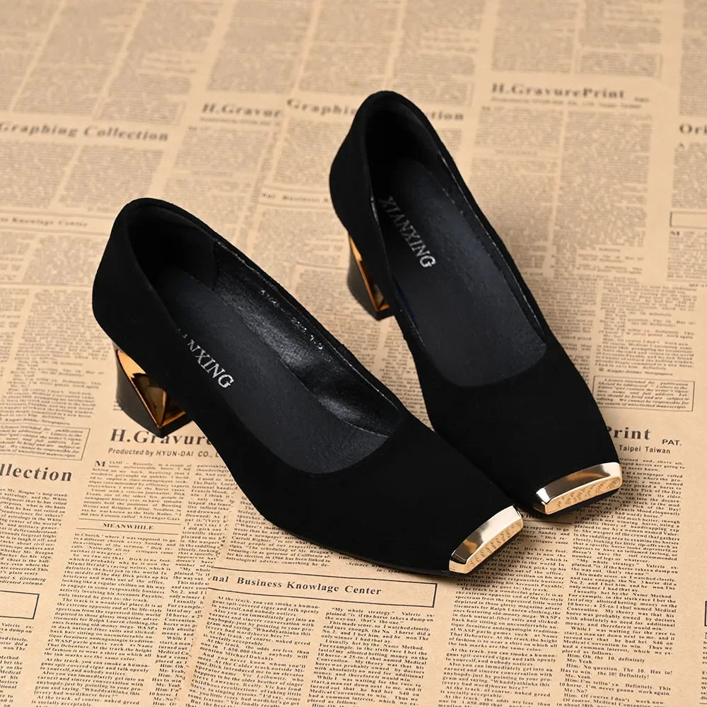 zapatos de mujer women fashion black suede round toe comfort spring & summer square heel shoes for office work lady pumps a535