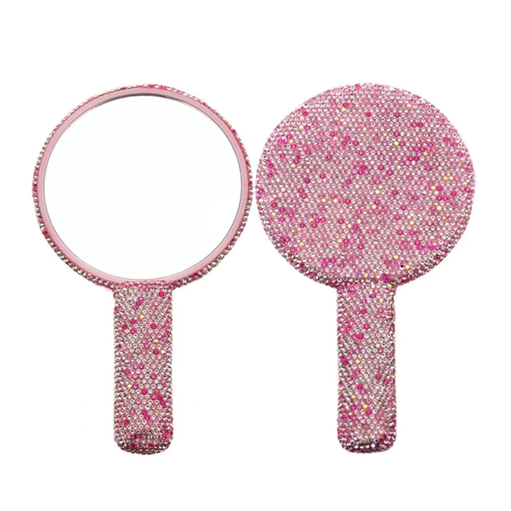 Cute Rhinestone Makeup Mirror Round Square Heart Shape Shiny Bling Cosmetic Hand Mirror Portable with Handle Handheld Mirror