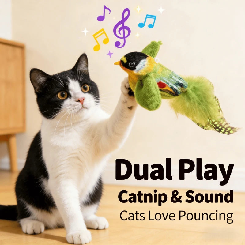 Interactive Cat Bird Toy with Sound Smart Induction Realistic Feathers Catnip Hanging Wall Mount Hunting Gear Indoor Cats Kitten