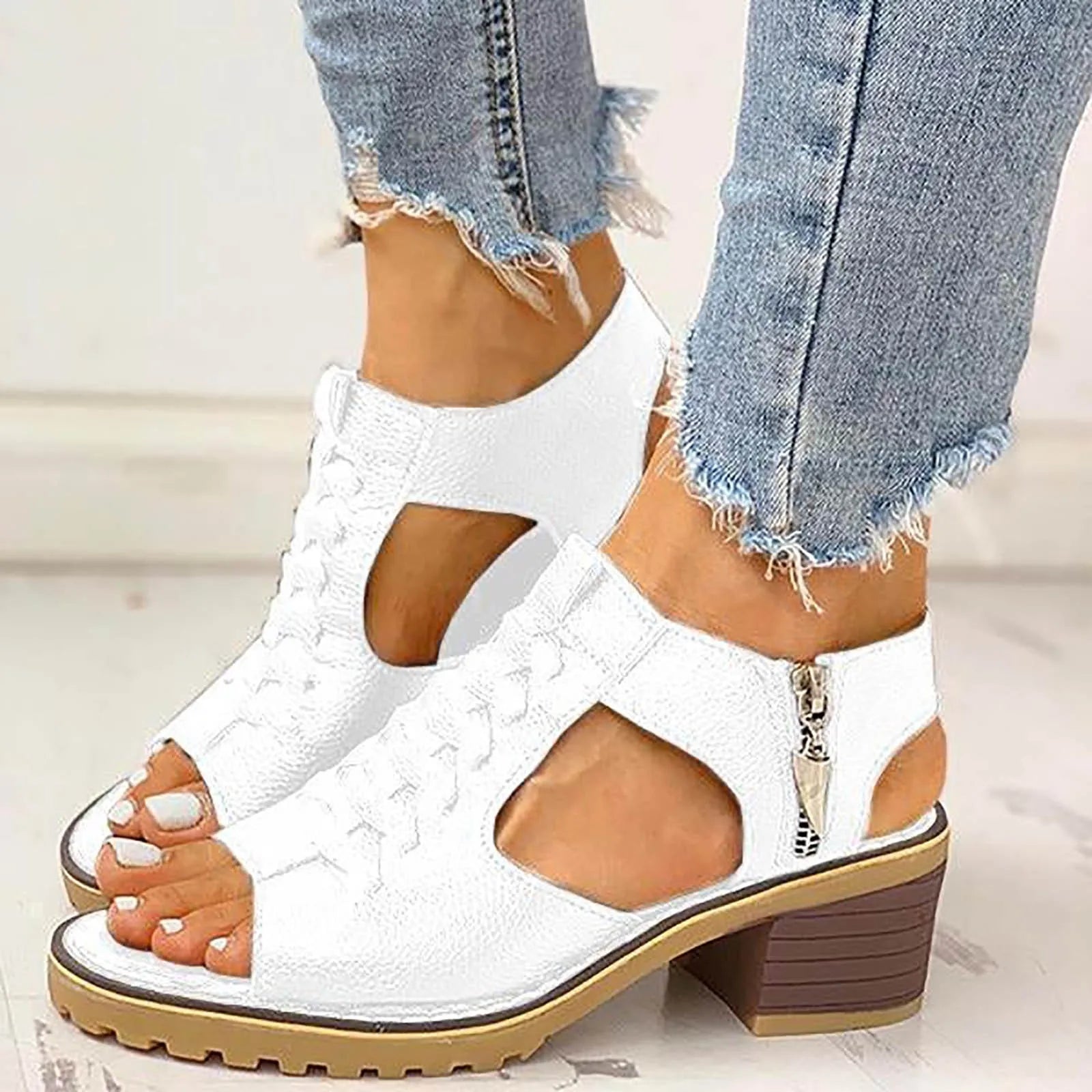 Womens Square Heeled Chunky Sandals Summer Fashion Hollow Out Leather White Sandals Open Toe Breathable Sandals Wedge Shoes
