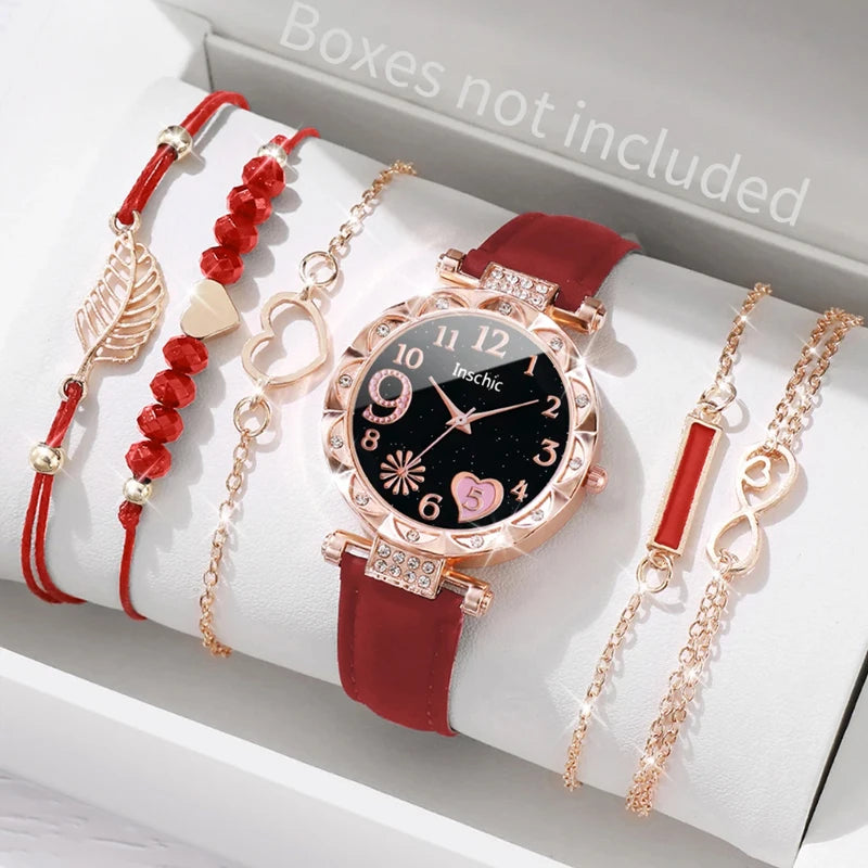 6PCS/Set Fashion Heart Dial Women's Watch Casual Leather Band Analog Quartz Watch Leaf Bracelets Set（Without Box）