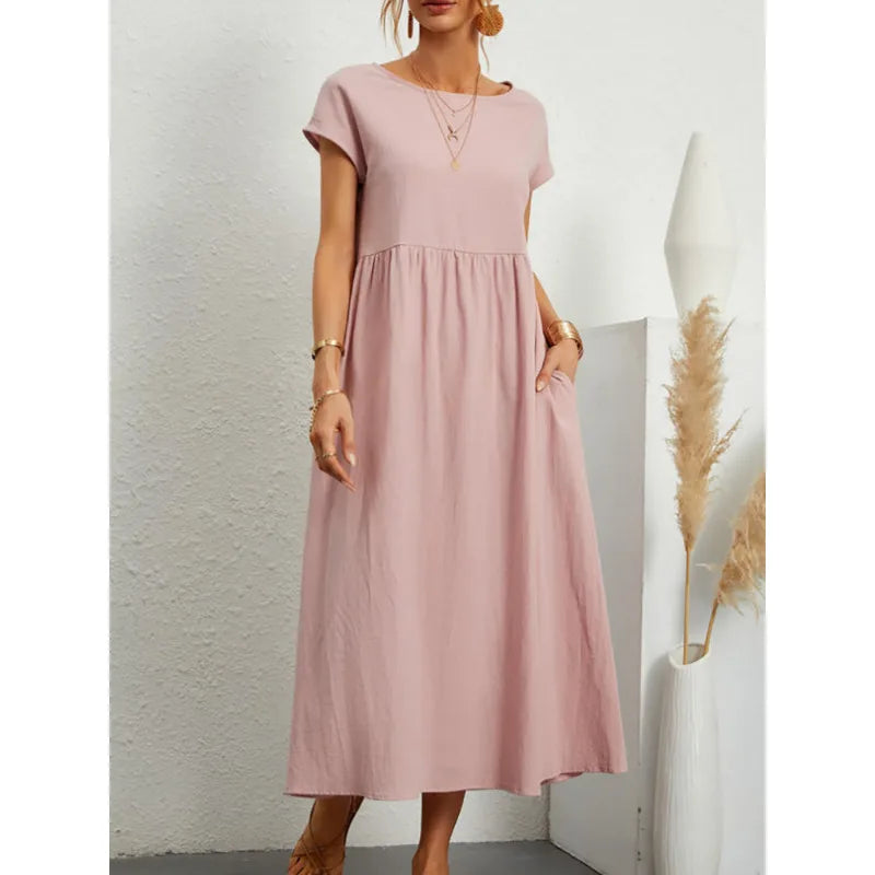 Dresses for Women  Cotton Linen Midi Casual  Short Sleeve Loose A-Line Sundress with Pockets  Solid Color Oversized Long Dress