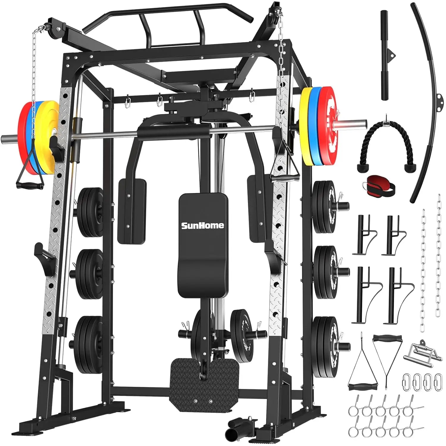 Smith Machine, Power Cage Squat Rack with Smith Bar, LAT Pull-Down Systems, Cable Crossover Machine and Cable, Customized