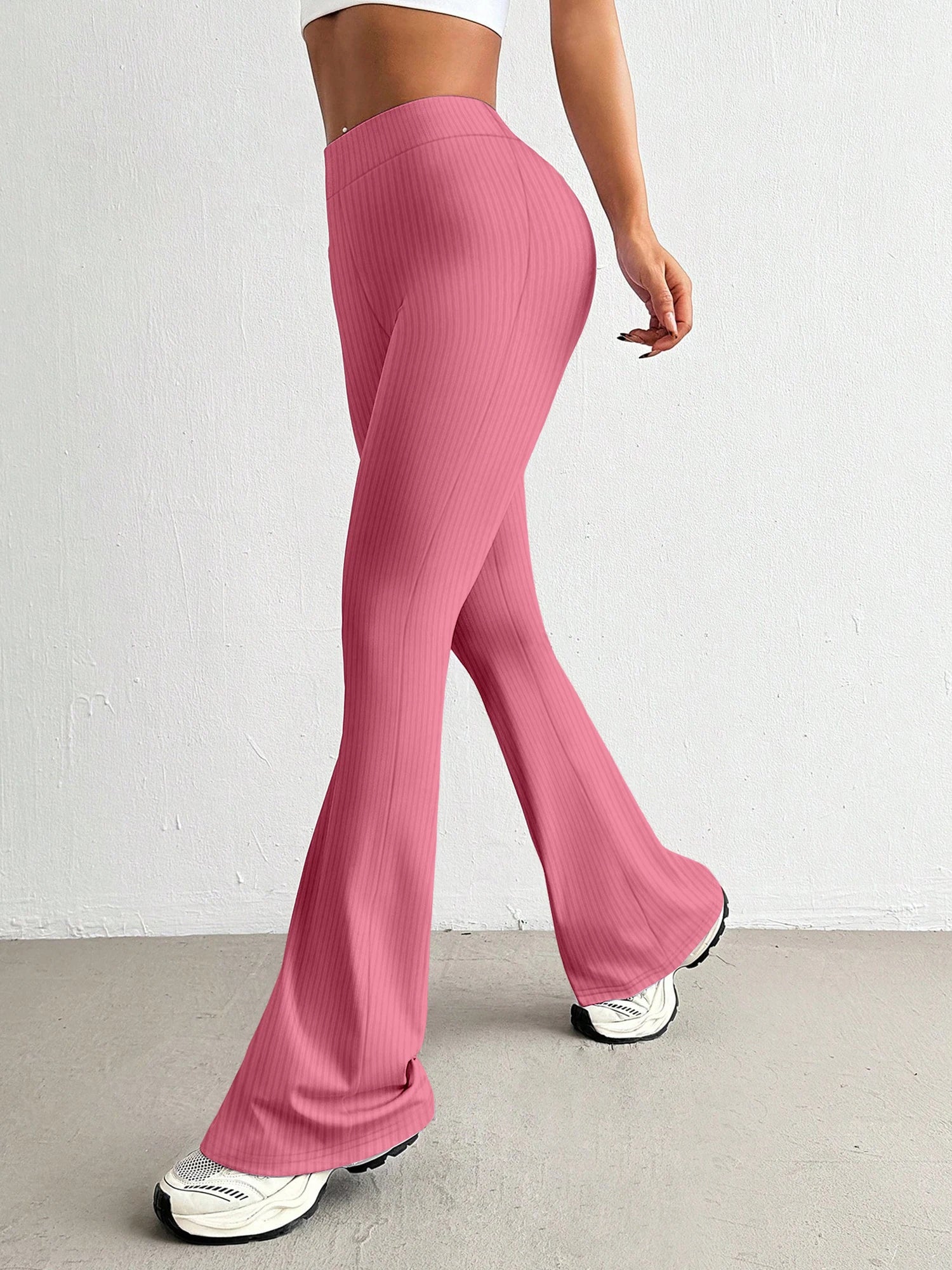 High-Waisted Ribbed Flared Pants Same Style as European and American Fashion Bloggers Elastic Slim-Fit Leg-Lengthening Casual