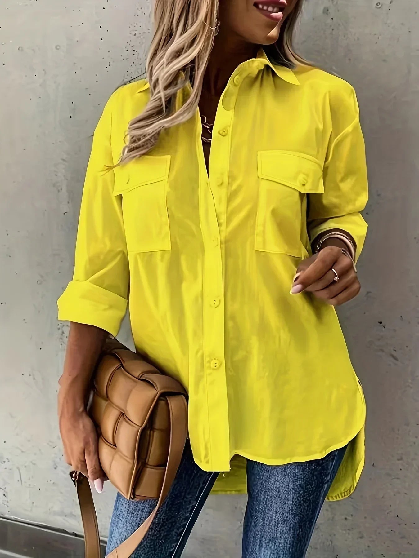 Plus Size 1XL-5XL Women Casual Loose and Simple Long Sleeved Shirt Fashion Solid Color Lapel Shirt Pocket Decoration Shirt