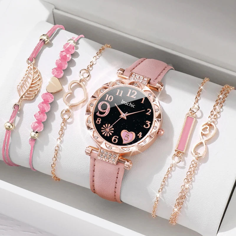 6PCS/Set Fashion Heart Dial Women's Watch Casual Leather Band Analog Quartz Watch Leaf Bracelets Set（Without Box）
