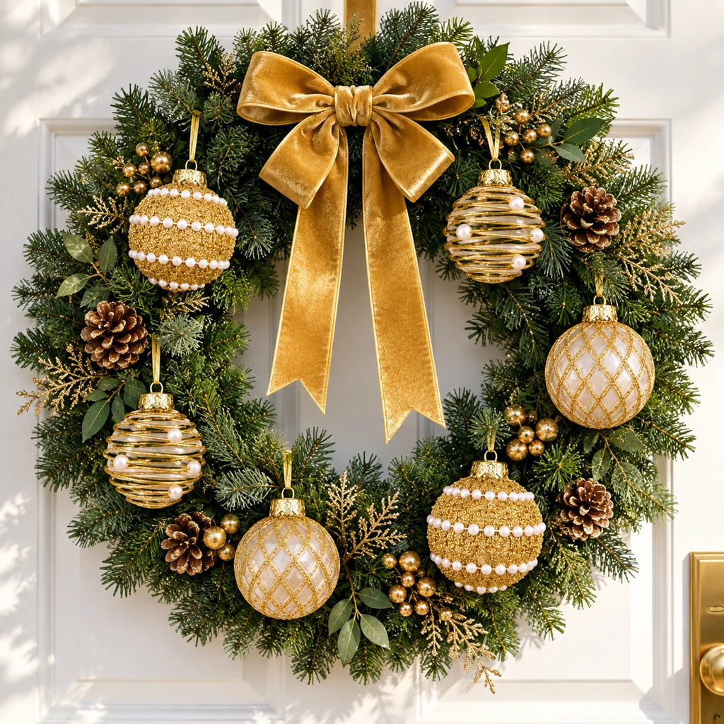 6 Pcs 6cm Gold Clear 3 Designs Glitter Pearl Christmas Balls Shatterproof Xmas Tree Hanging Ornaments for Holiday Party Decor