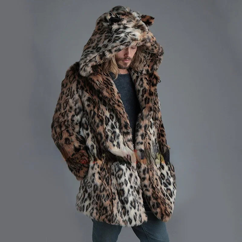 Hood Imitation Fur Fur Coat Men Leopard Mink Coats Mens New Fur Coat Mens Winter Warm Faux Fur Cardigan Tops Men