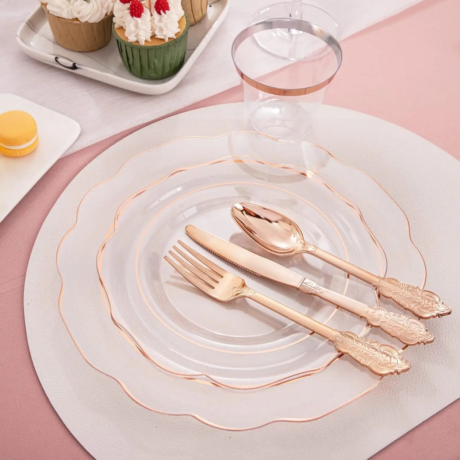350PCS Rose Gold Plastic Plates - Clear Rose Gold Disposable Dinnerware Set - Include 100 Dinner/Dessert Plates,50 Cups,50 Pre R