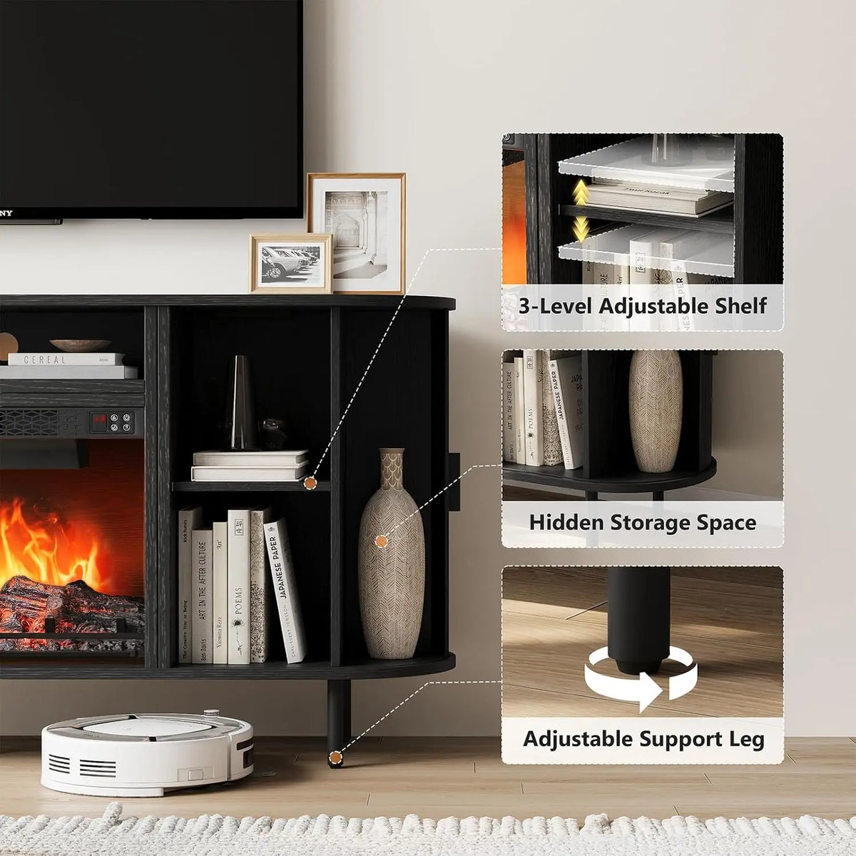 ONBRILL 63" Fluted Electric Fireplace TV Stand w/23" LED Flame Heater for Living Room, Media Console Storage Cabinet