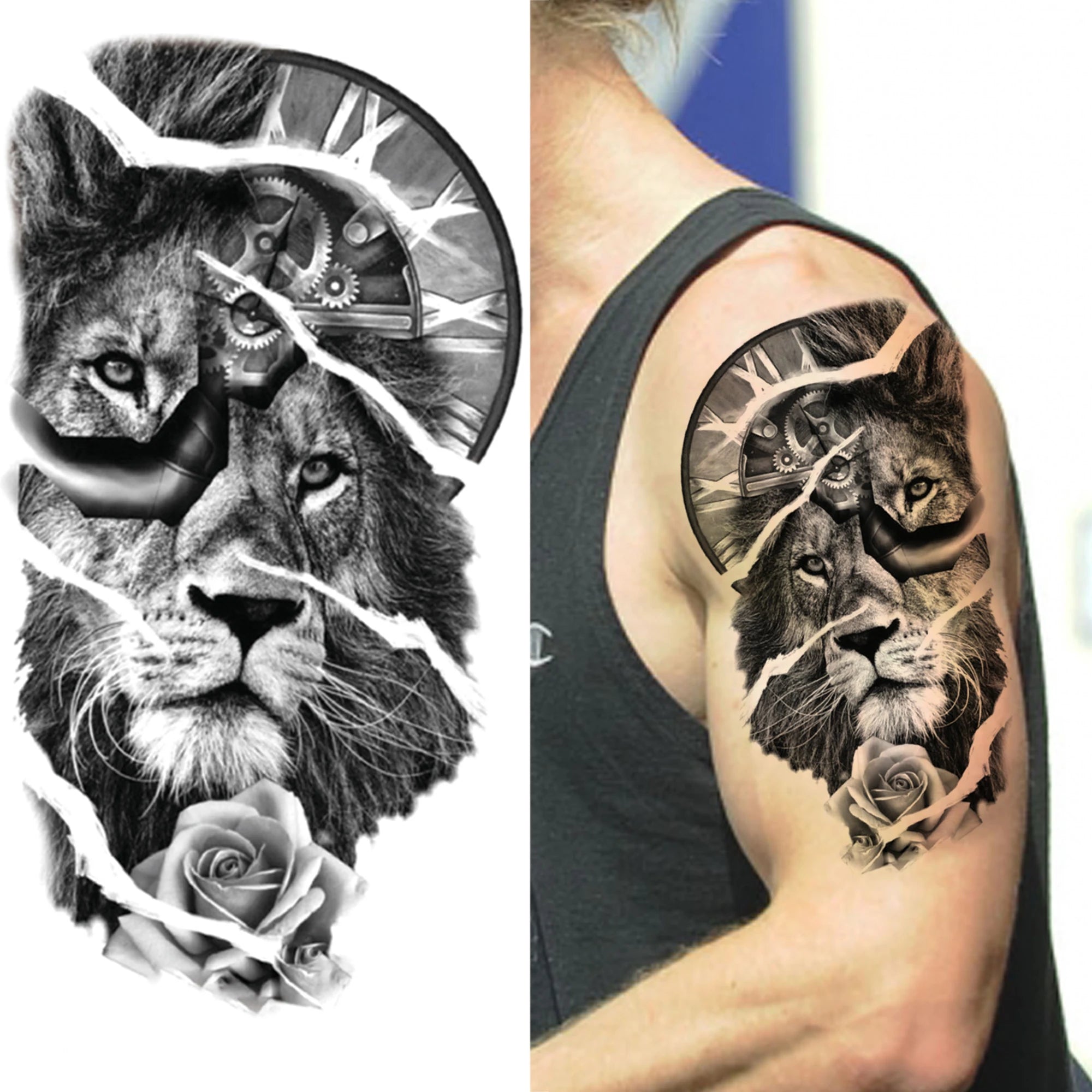 1pc Lion Men Waterproof Temporary Tattoos Fake Stickers Arm Hand Cool Art Black Transfer Clock Tattoo Stickers Wolf Tiger Tattoo