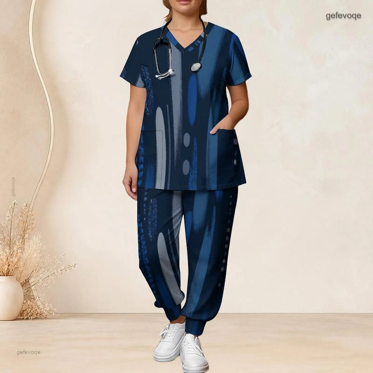 Printed Scrub Set for Women V Neck Short Sleeve Pocket Top Long Pants Two Piece