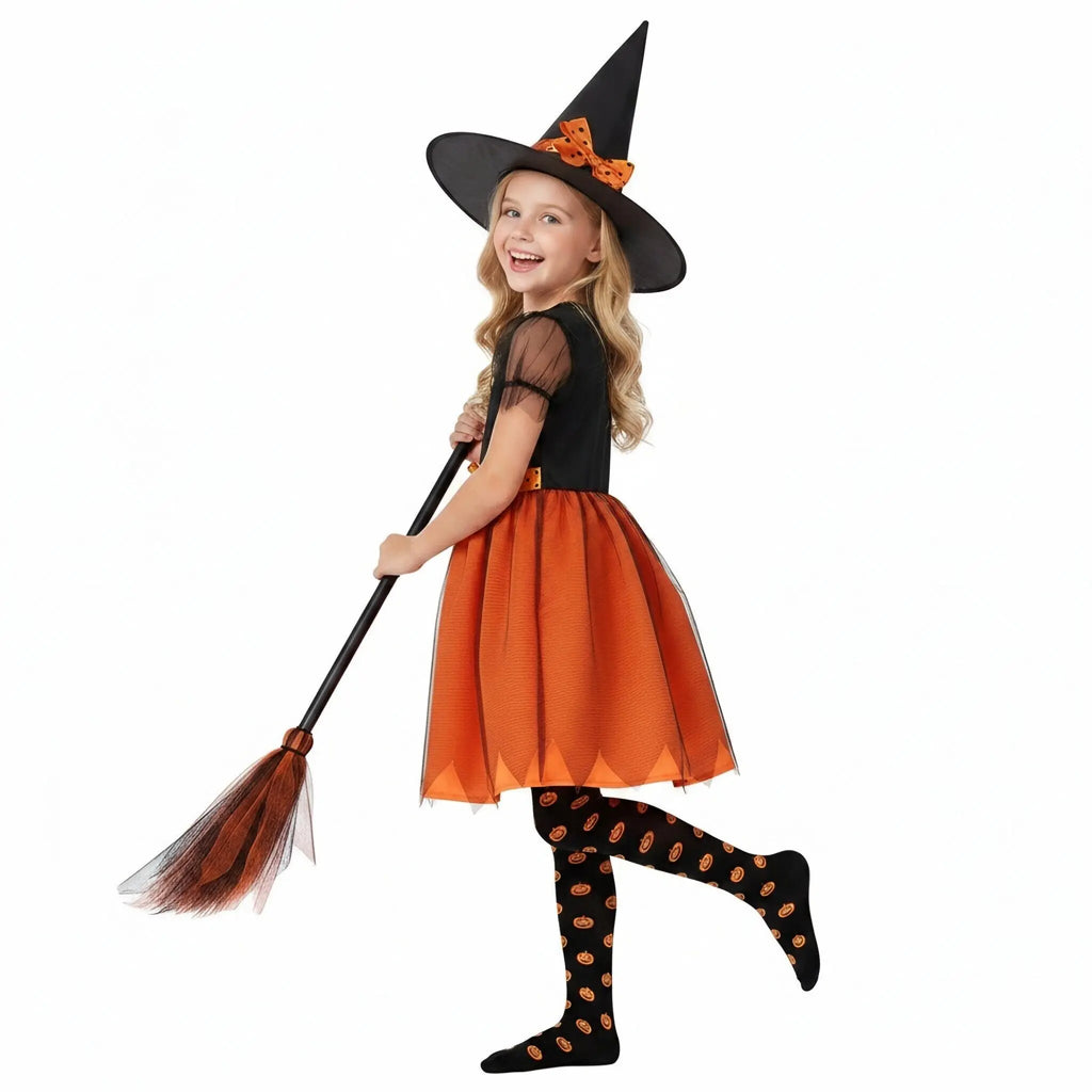 2026 Girls Halloween Cosplay Pumpkin Clothes Witch With Hat Costume Carnival Party Cosplay Dress Clothes Infant Costume