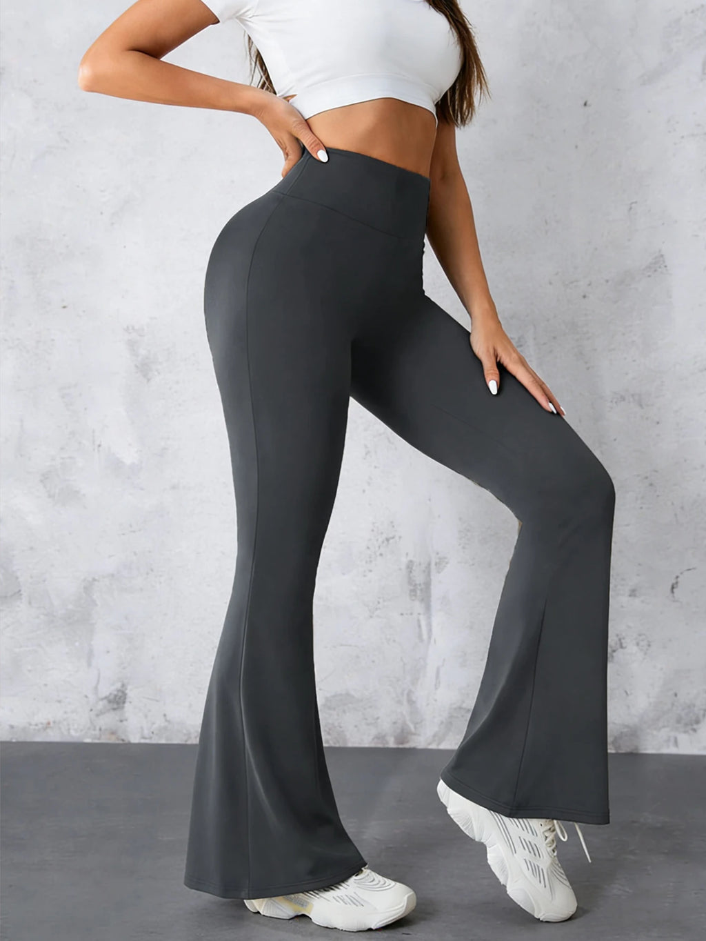 Women High-waisted Dark Gray Flared Pants Hip-lifting, Spring Style Size-matched Slim-fit Pants Summer Casual Sports Pants