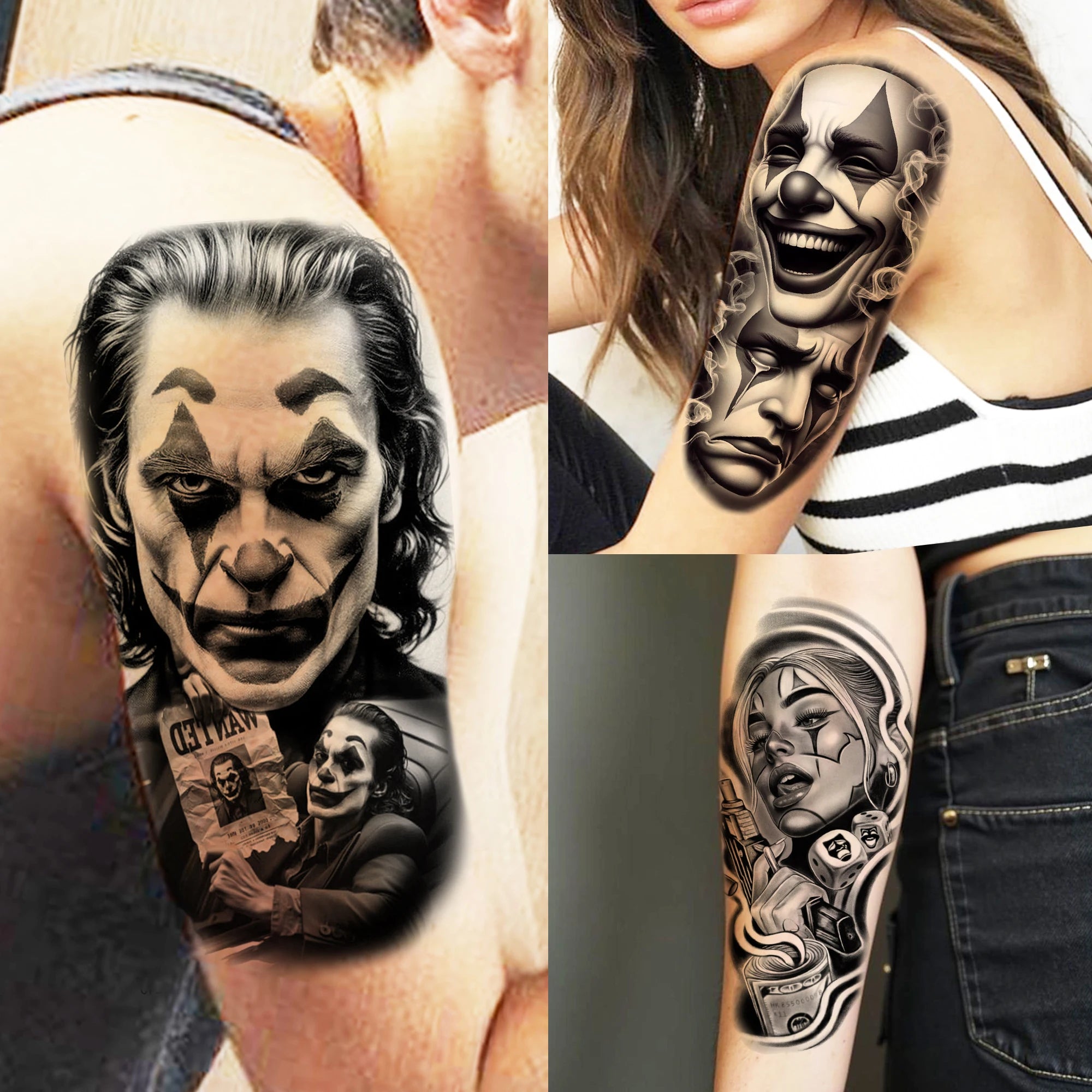 1 Sheet Joker Bad Guy Gangster Temporary Tattoos For Men Women Realistic Fake Tattoos Waterproof Long Lasting Arm Tatoo Stickers