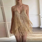 Summer Sleeveless Women's Slim Dresses Sexy Hot Girl V-neck Tassel Halter Mini Dress Fashion Solid Backless Cocktail Party Dress