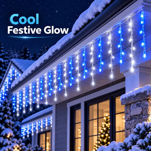 Christmas Icicle Lights USB Blue White 6/10M Alternating LED String Lights Hanging Drops for Roof Eaves Window Holiday Decor