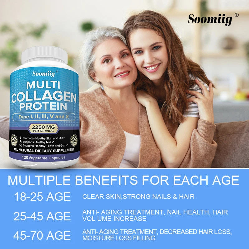 Multi Collagen Capsules with Biotin, Hyaluronic Acid - Type I, II, III, V, X - for Men & Women - Hair, Skin, Nails Beauty