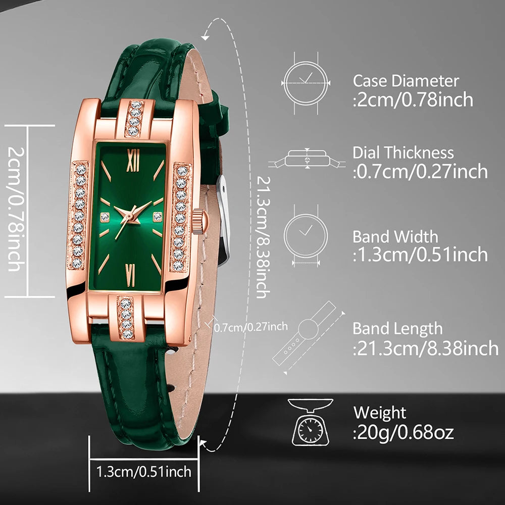 9PCS Green Women's Watch Set Trendy Fashion Rectangular Dial Quartz Watch Bracelet Necklace Earrings Set Holiday Gift