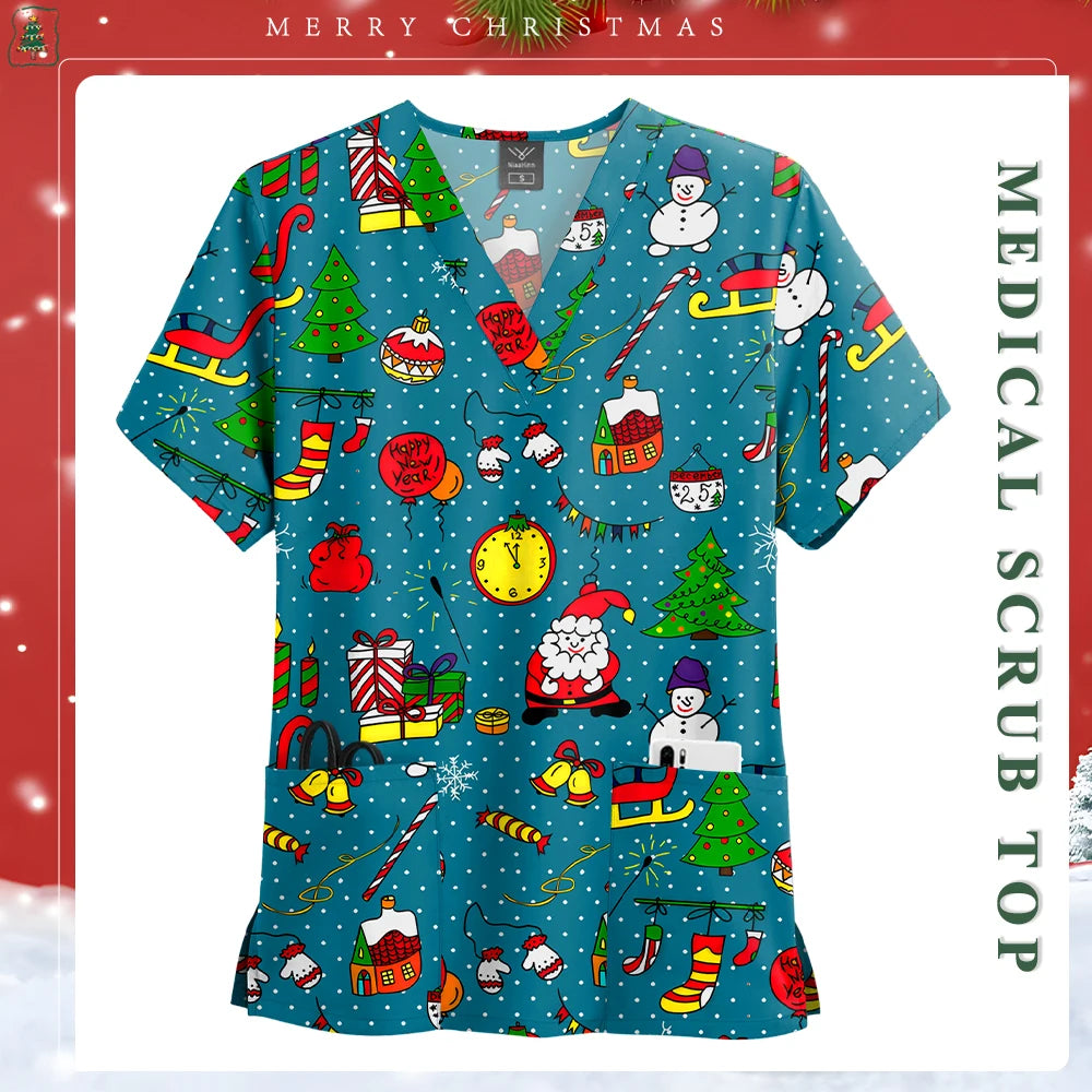 Women Men Christmas Scrubs Top Short Sleeve Pockets Surgery Blouse V-neck Medical Clothes Unisex Spa Dental Vet Surgical Uniform