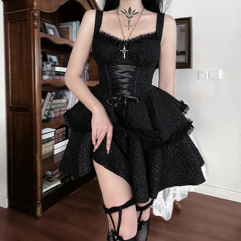 Y2K Elegant Black Sleeveless Lace Trim Party Dresses Vintage Goth Bandage A-Line Short Dresses Women Fashion Summer Dresses
