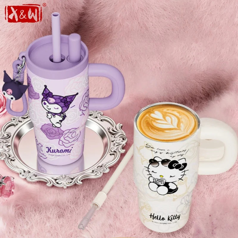 X&W Sanrio Thermos Cup Stainless Steel Straw Insulated Bottle with Handle Cartoon HelloKitty Coffee Mug Keep Hot/Cold Travel Cup