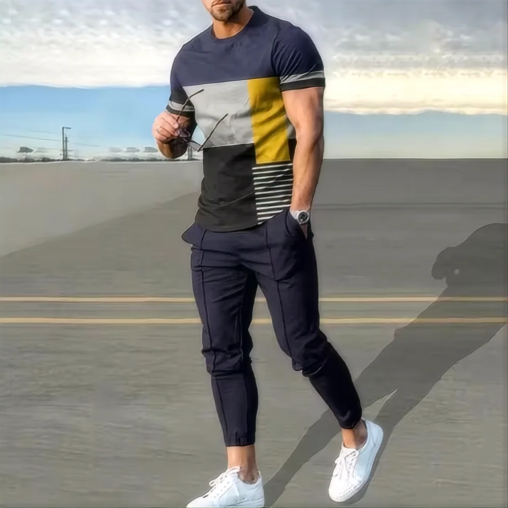 Summer basketball sportswear set short sleeved T-shirt long pants two-piece set men's sportswear 3D printed casual oversized men