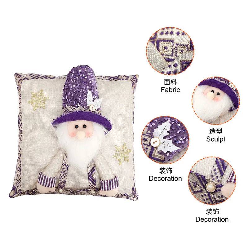 Cute Cartoon Christmas Cushion Cover Purple Sequin Santa Hat Pillowcase 3D Christmas Snowman Santa Claus Reindeer Pillowcase