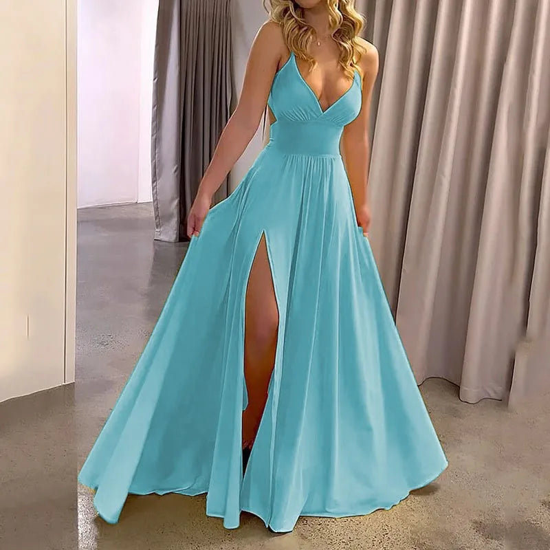 Y2k Women's Party Prom High Waisted Dress Summer Sexy Deep V-neck Suspender Dresses Ladies Fashion Solid Slit Hem Loose Vestidos
