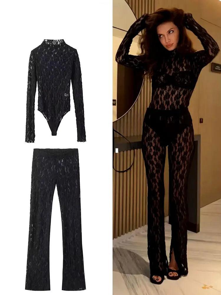 HH Womens Lace Pants Sets Slim Jumpsuits Top + High Waist Trousers Sexy Lady Floral Lace Translucent Y2k Bodysuit Suits