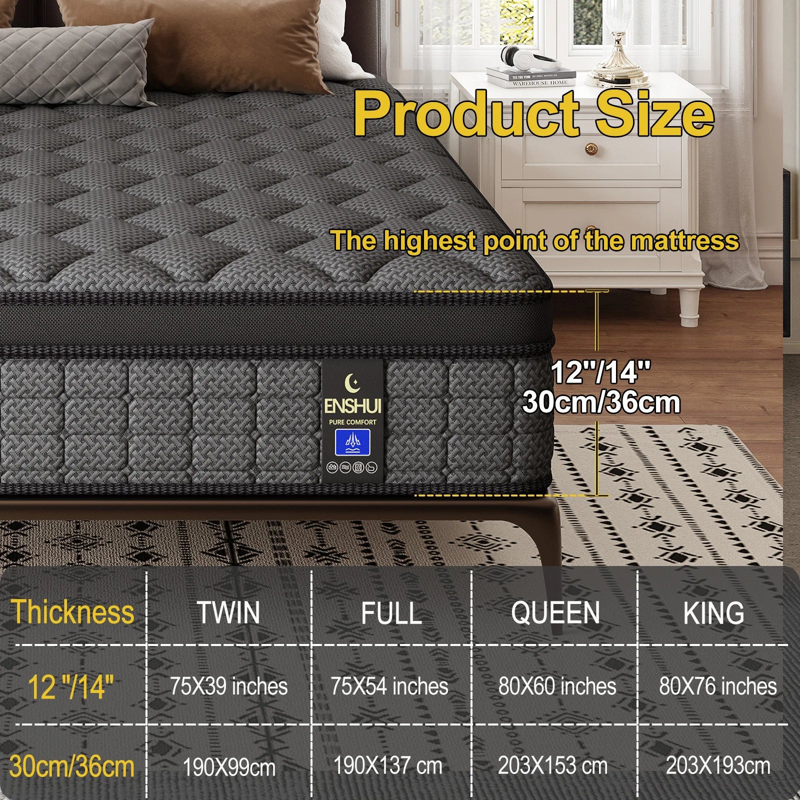 12/14inch Twin, Full, Queen, King, Mattress Memony Foam And Spring, Medium Firm Mattress for Cooling, Pressure Relief, Edge Support & Motion Isolation Boxed
