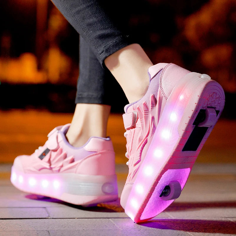 Girls Fashion Two-Wheels USB Charging Sneakers LED Light Roller Skate Shoes Kids Gift for Children Sport Casual Shoes