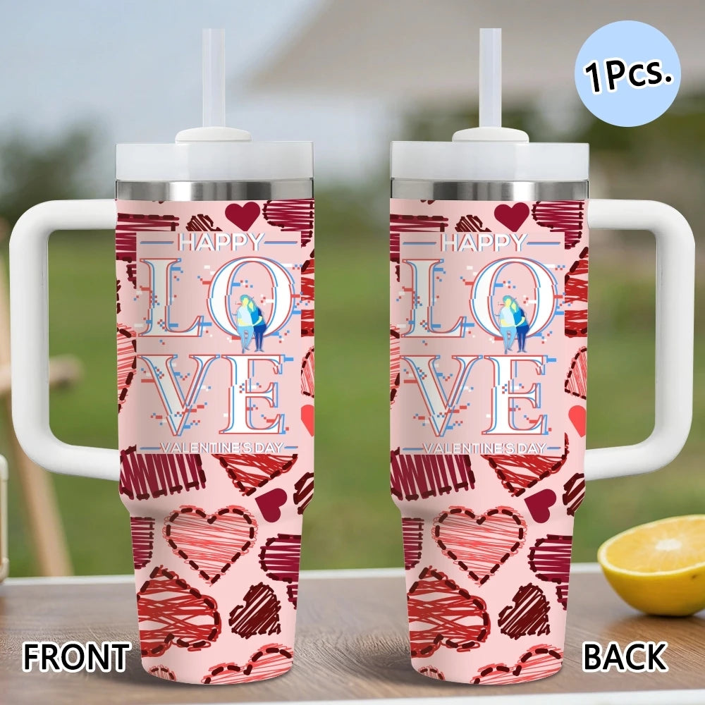Happy Love Valentine's Day Vacuum Flasks 40oz Stainless Steel Vacuum Insulated Tumbler with Straw Leak Resistant Travel Mug