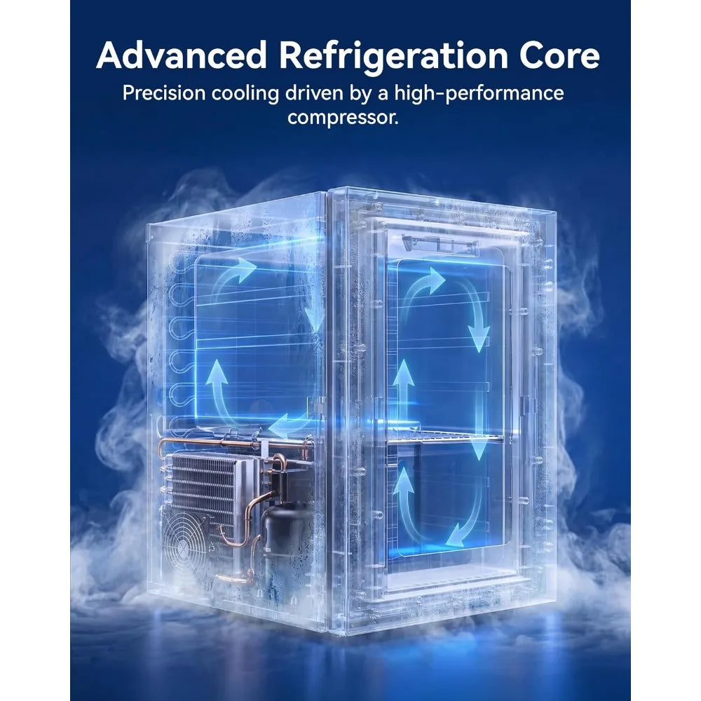 0.6 Cu.ft Mini Fridge, Compressor Glass Door, 40-61°F, Freestanding for Office & Bedroom, Quiet, Low Energy, Holds Beverages