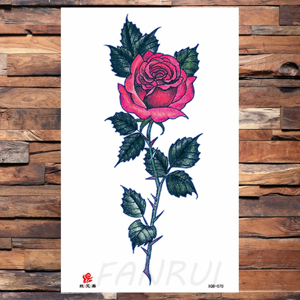 Watercolor Rose Flower Temporary Tattoo For Women Kids Girls Cherry Fake Tattoos Sticker Sexy Lotus Henna Waterproof Tatoo Waist